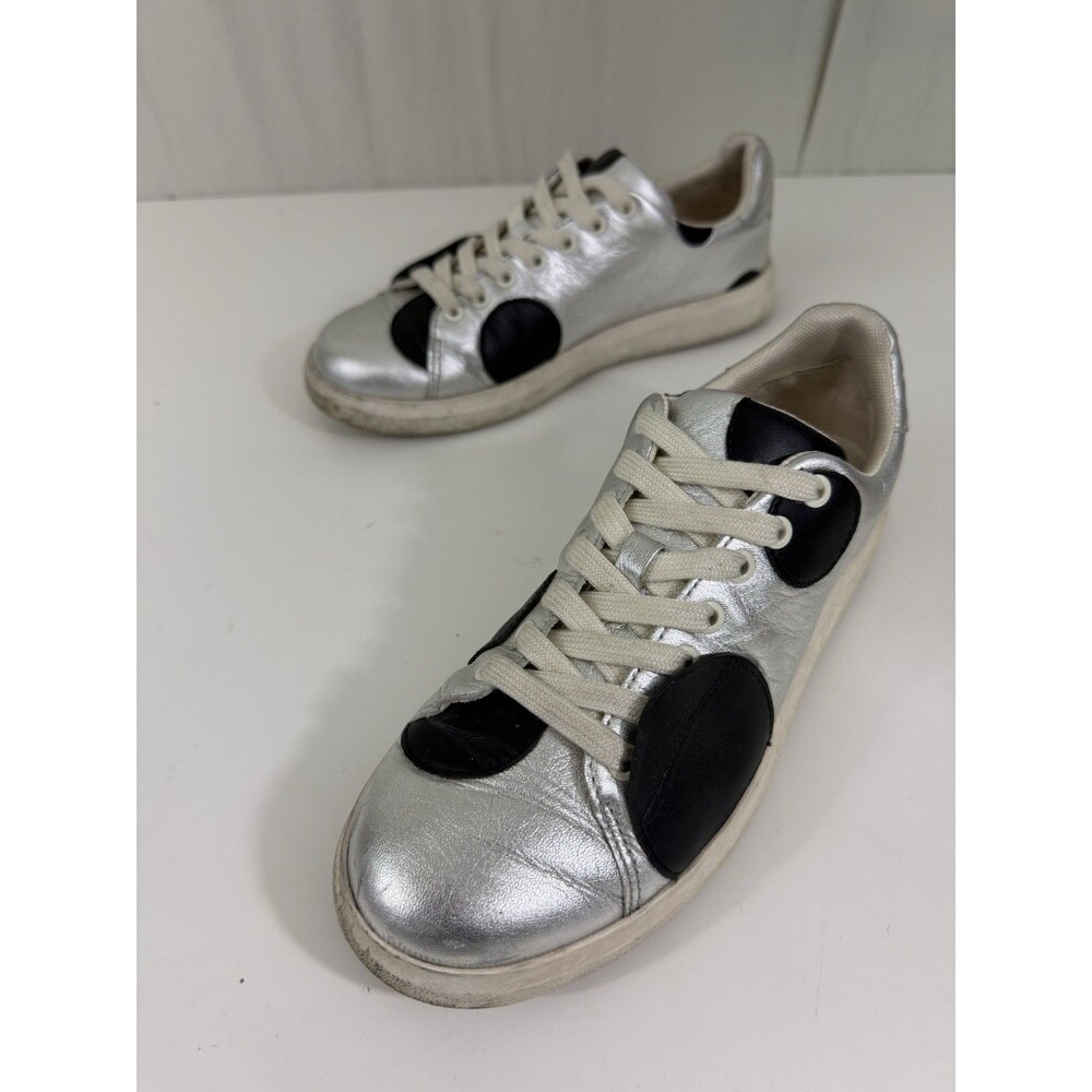 Tory Burch Howell Court Sneakers Leather Silver Metallic Black Polka Dots Sz 6.5